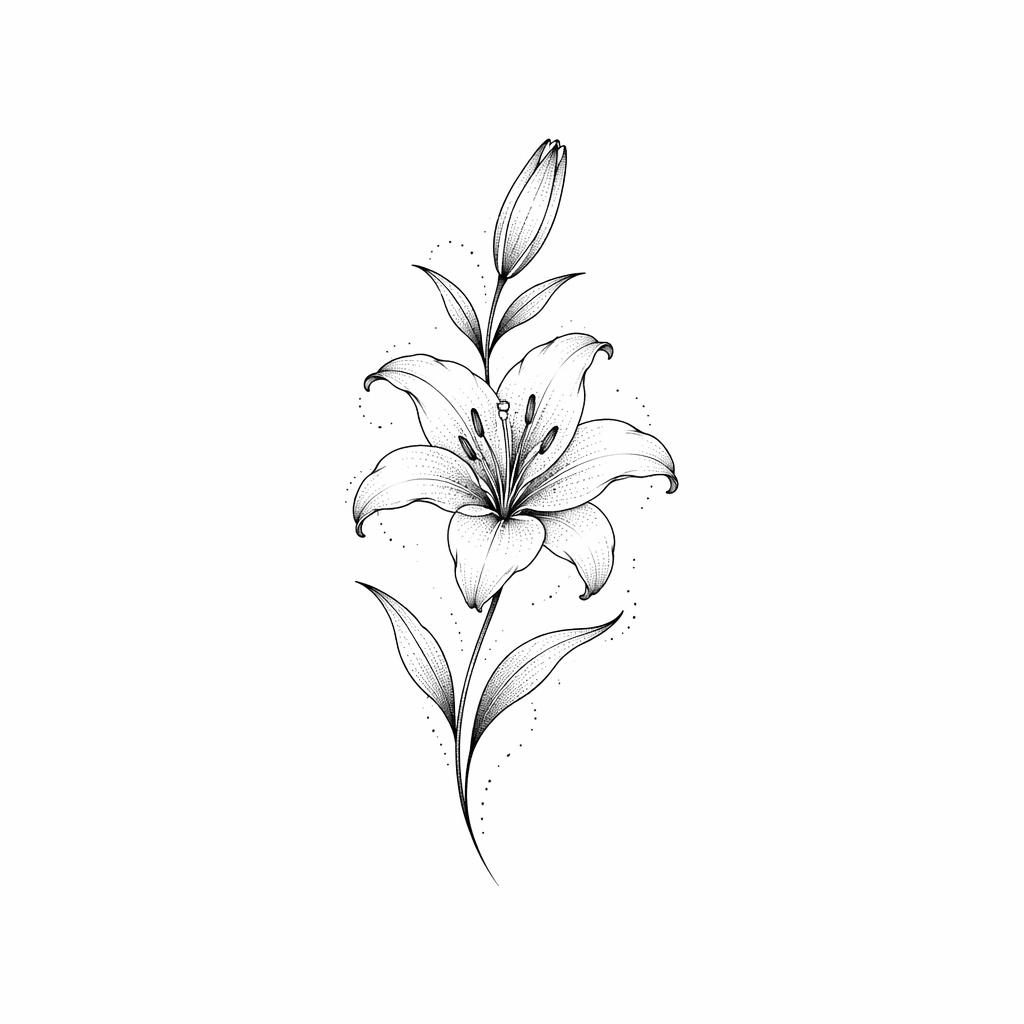 Diseño de tatuaje de lirio minimalista fineline en papel blanco, estilo irezumi japonés, líneas nítidas y alto contraste.