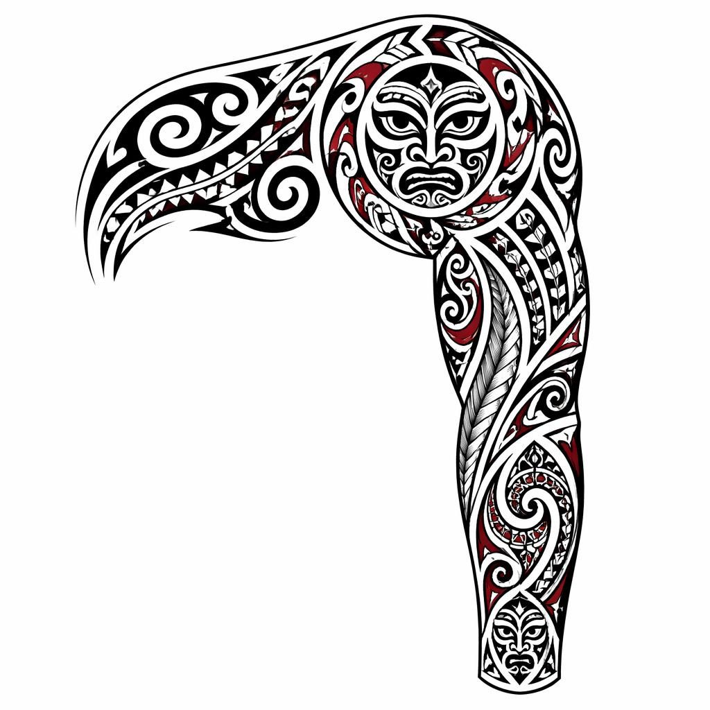 Tattoo-Design auf weißem Papier: Maori Shoulder Cap im Neo-Traditional-Stil mit scharfen Linien und hohem Kontrast.