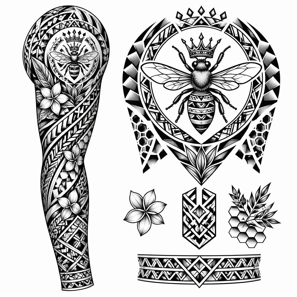 Black ink tattoo flash on white paper showing a Polynesian geometric dotwork sleeve concept with queen bee-inspired styling.