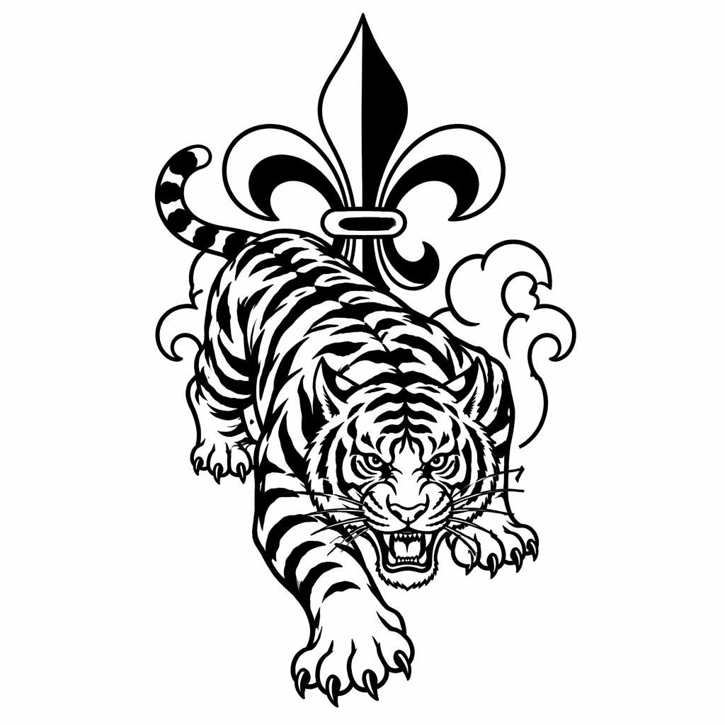 Blackwork tattoo flash concept of a crawling Japanese tiger on white paper with bold sharp lines and clean high contrast.