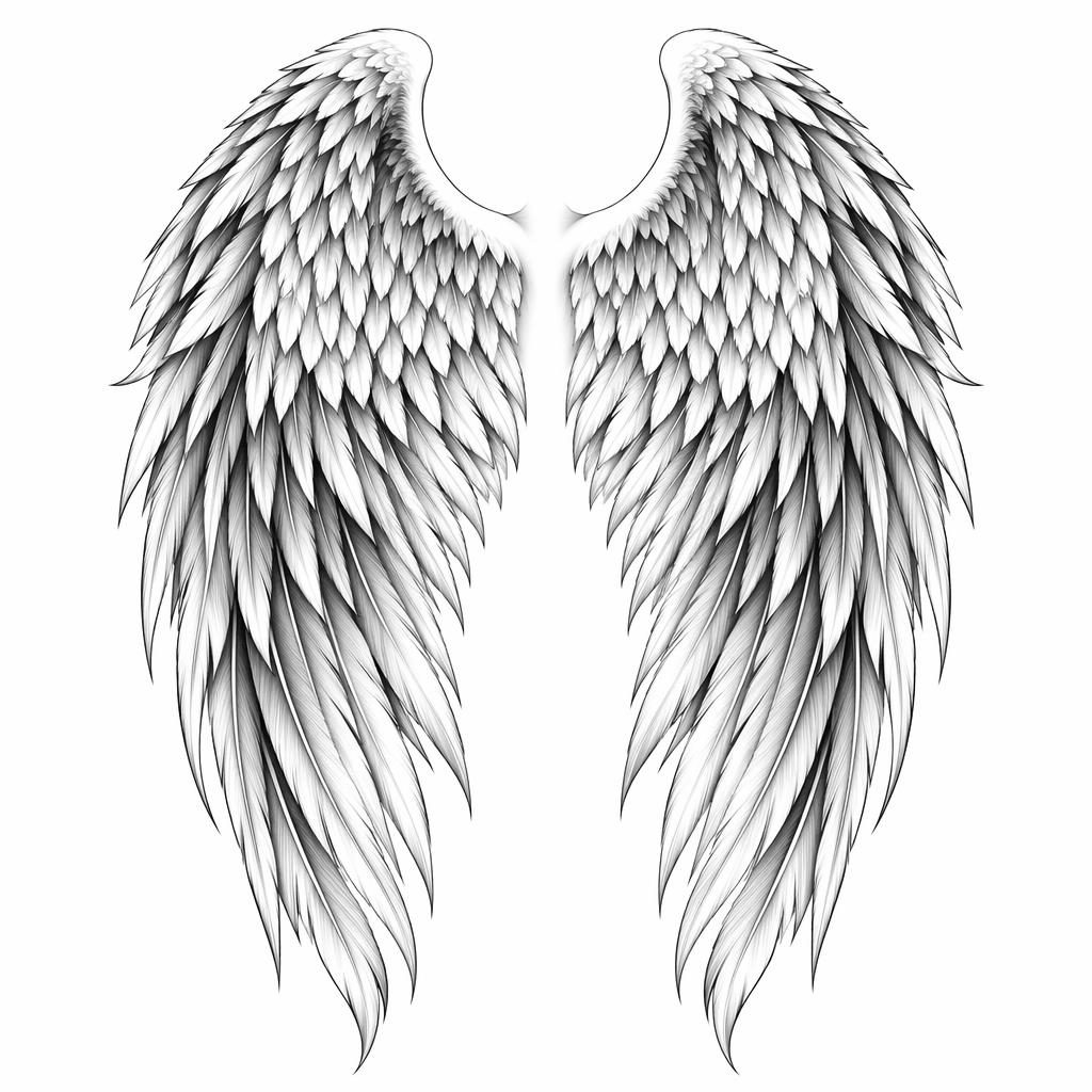 Clean flash-sheet tattoo drawing of realistic angel wings on white paper, high contrast sharp lines, plain background.