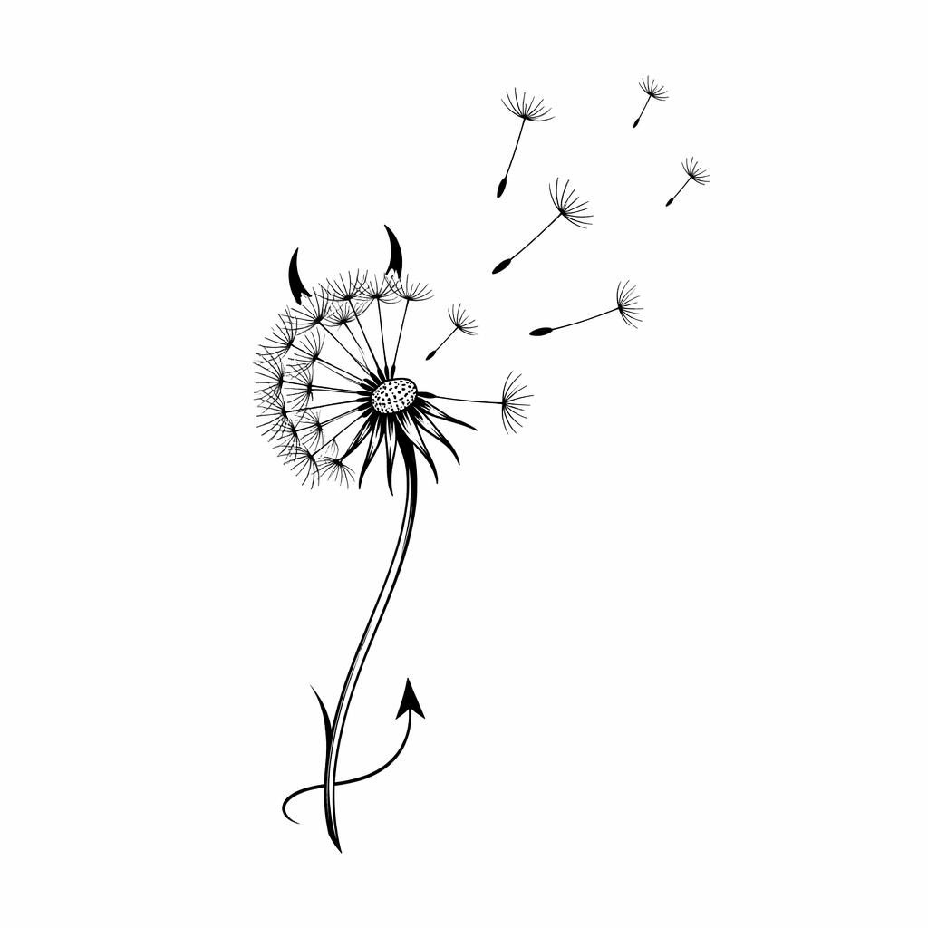 Minimalist fineline dandelion tattoo flash drawn in bold blackwork on white paper with sharp high-contrast lines.