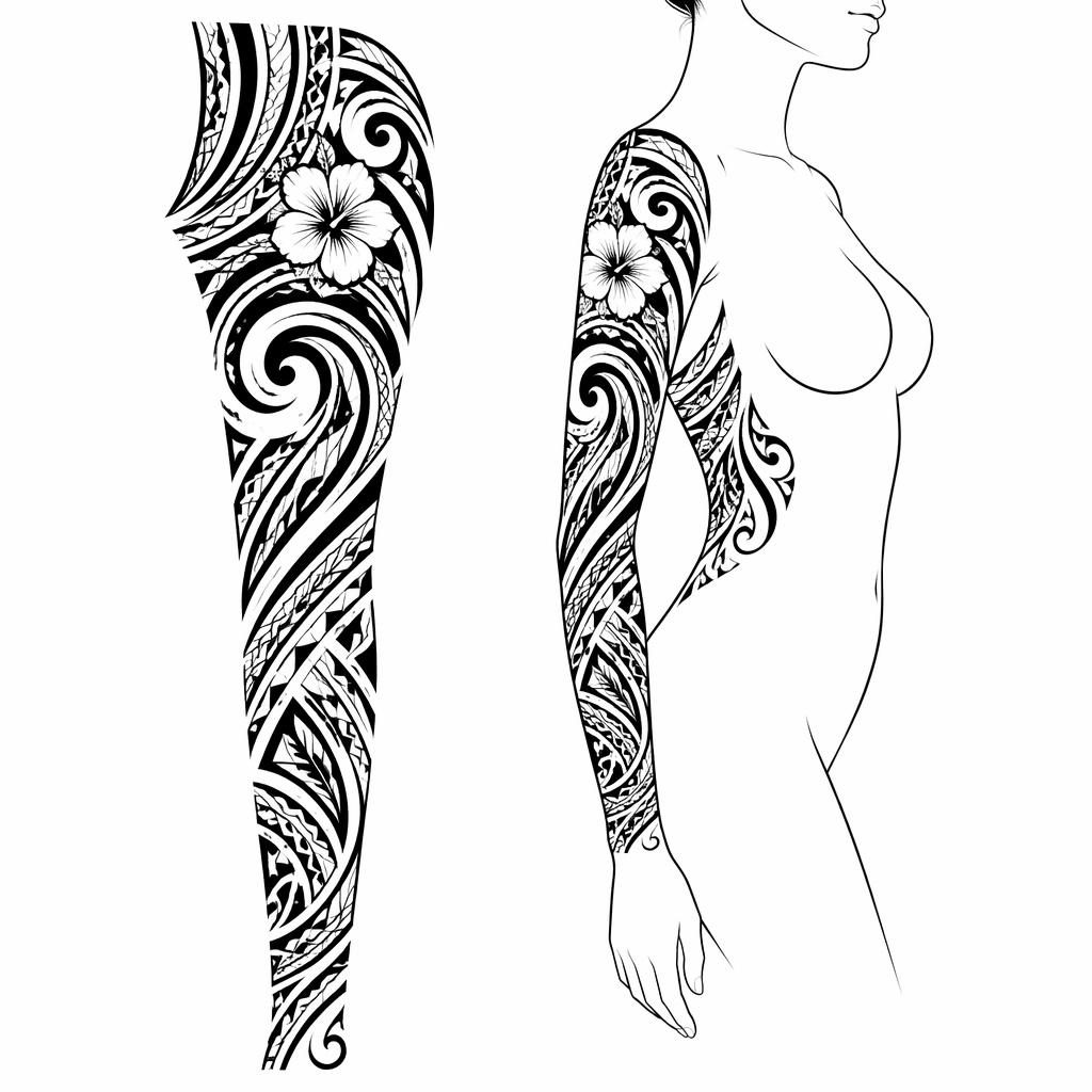Diseño de tatuaje en papel blanco de manga tribal polinesia estilo irezumi, líneas negras nítidas y alto contraste.