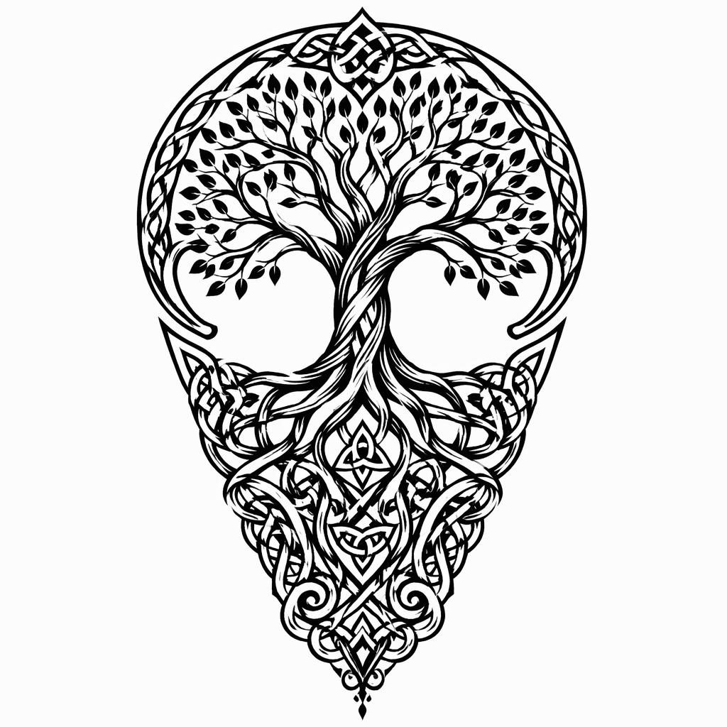 Blackwork Celtic Tree of Life tattoo design on white paper, bold lines, high contrast, flash-sheet style.