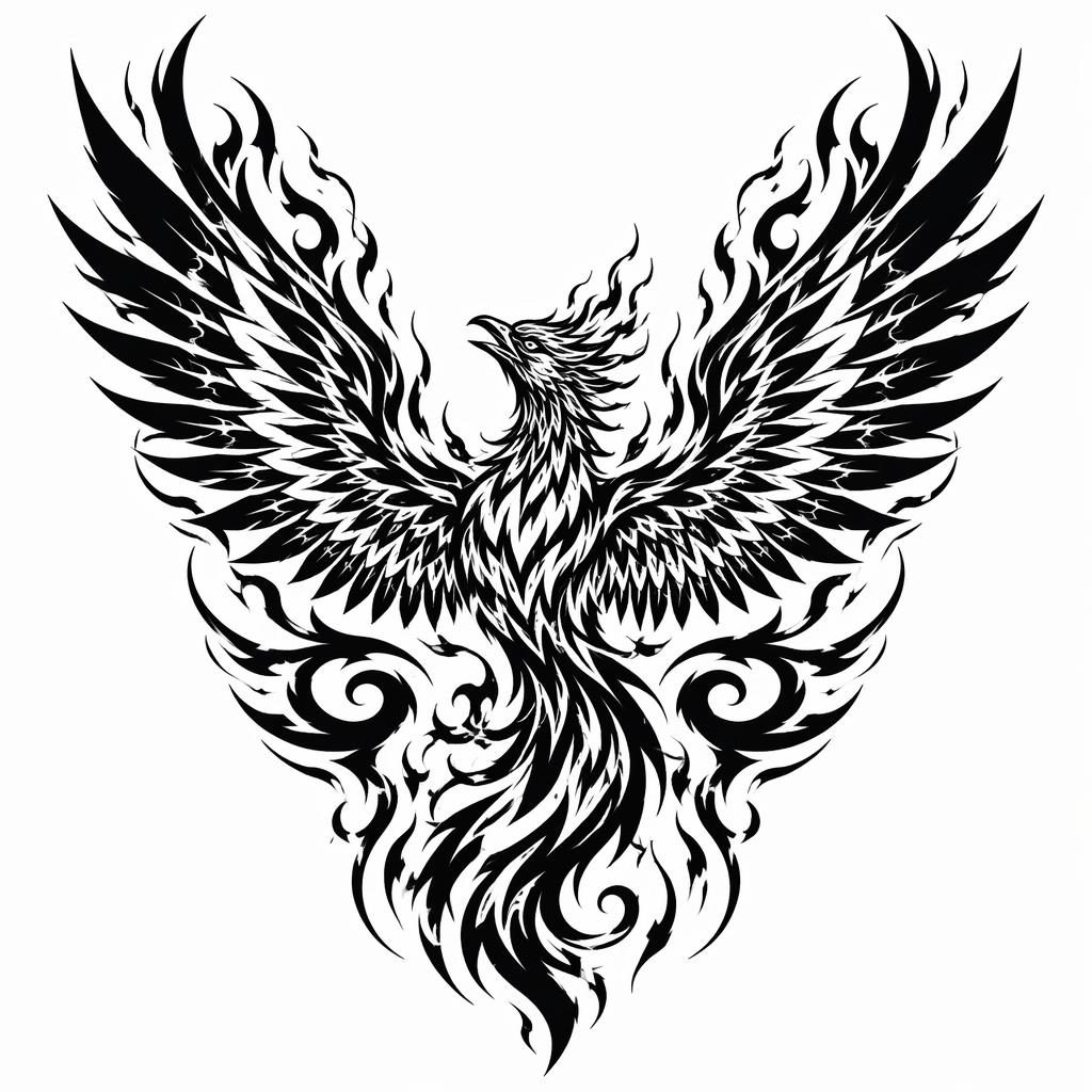 Schwarzweißer Tattoo-Entwurf eines aufsteigenden Phönix als Chest Piece auf weißem Papier, mit kräftigen Linien.