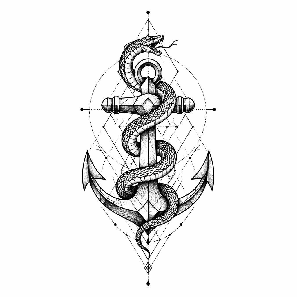Geometric dotwork tattoo flash of a traditional anchor with snake-inspired linework on white paper, high contrast.