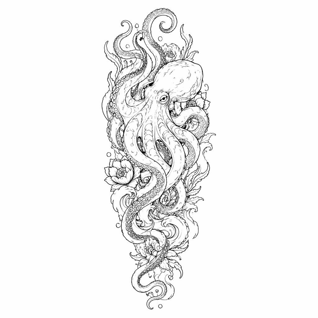 Fineline-Oktopus im Neo-Traditional-Stil auf weißem Papier, klare Linien, Full-Sleeve-Panel, Flashsheet-Look.