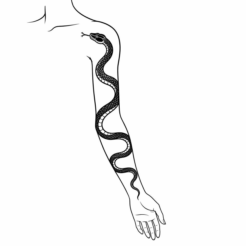 Blackwork-Tattooentwurf einer kleinen Schlange auf weißem Papier, klar gezeichnet als Flash-Illustration mit scharfen Linien.