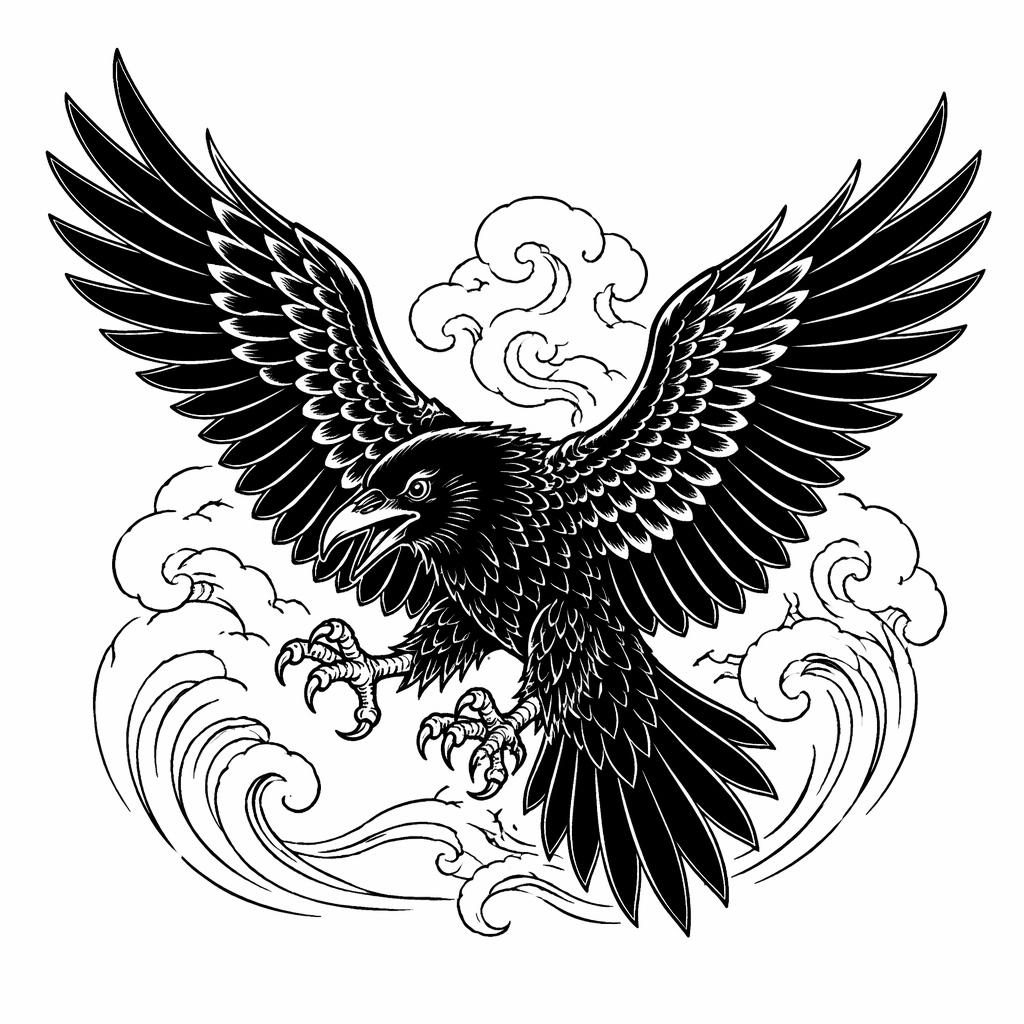 Diseño de tatuaje en papel blanco de un cuervo blackwork con alas abiertas, trazos finos y alto contraste.