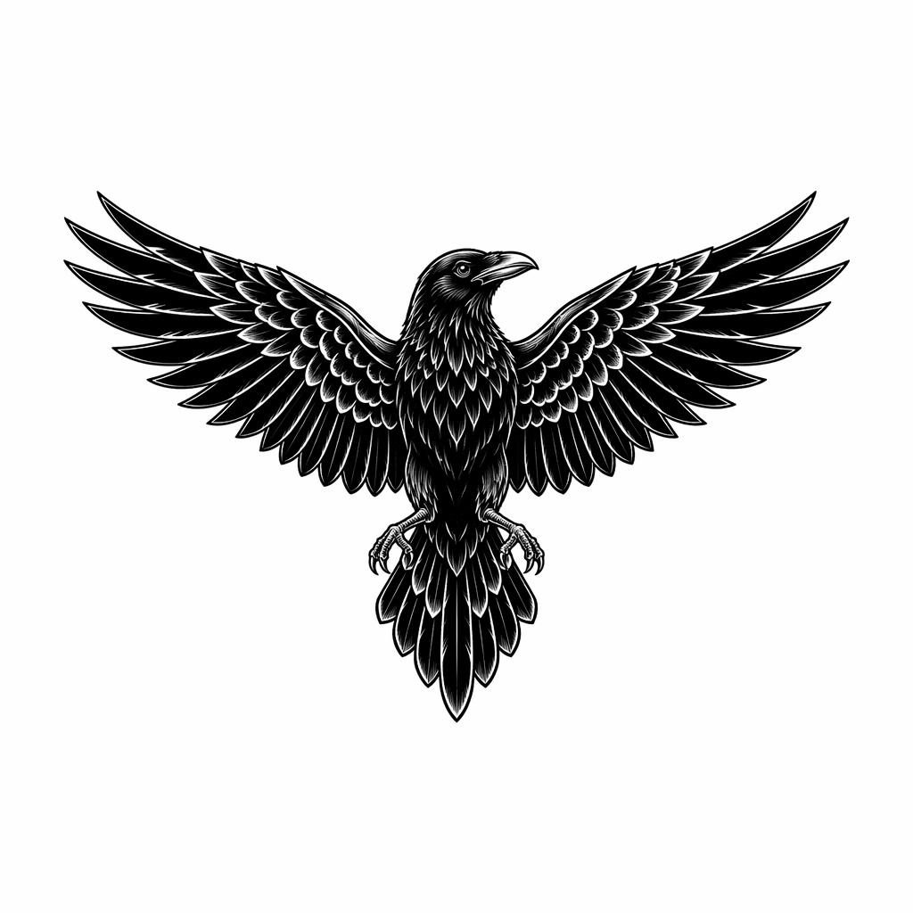 Blackwork neo-traditional raven tattoo design with spread wings on white paper, clean sharp lines, flash-sheet style.