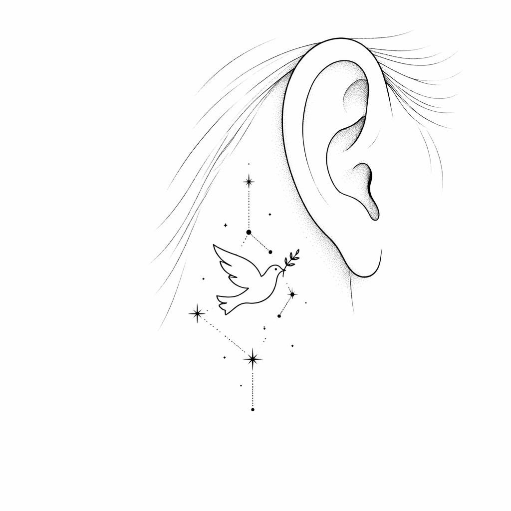 Concept de tatouage minimaliste sur papier blanc : petite constellation géométrique en dotwork, lignes nettes.