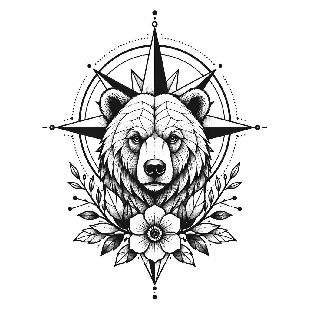 Tattoo flash concept on white paper showing a neo traditional bear with floral elements and geometric dotwork details.