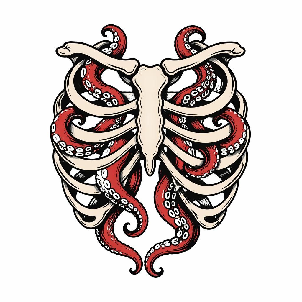 Tattoo-Design auf weißem Papier mit Oktopus-Tentakeln und Rippen im Traditional-American-Stil, klare Linien.