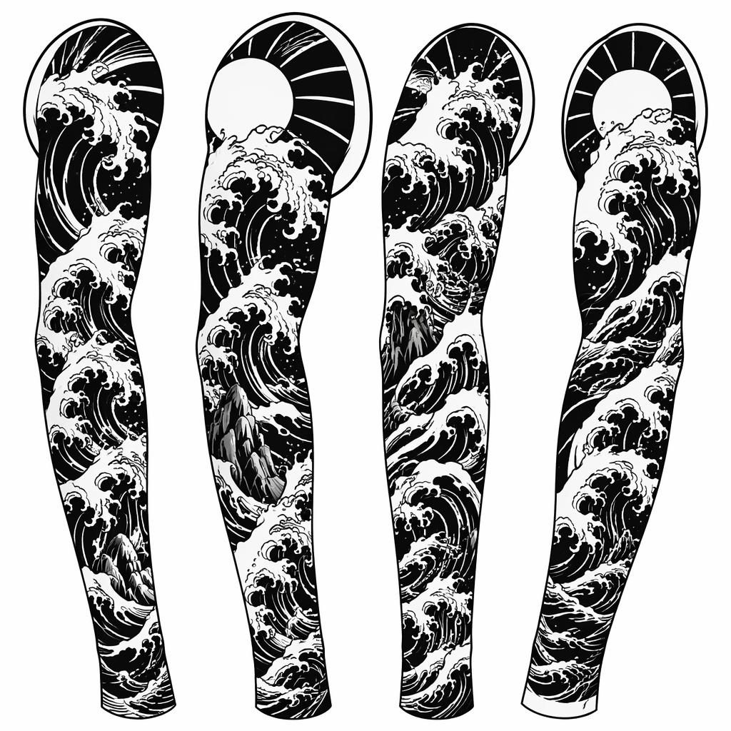 Tattoo-Design auf weißem Papier mit japanischem Wellen-Full-Sleeve in schwarzem Blackwork, klar und kontrastreich.