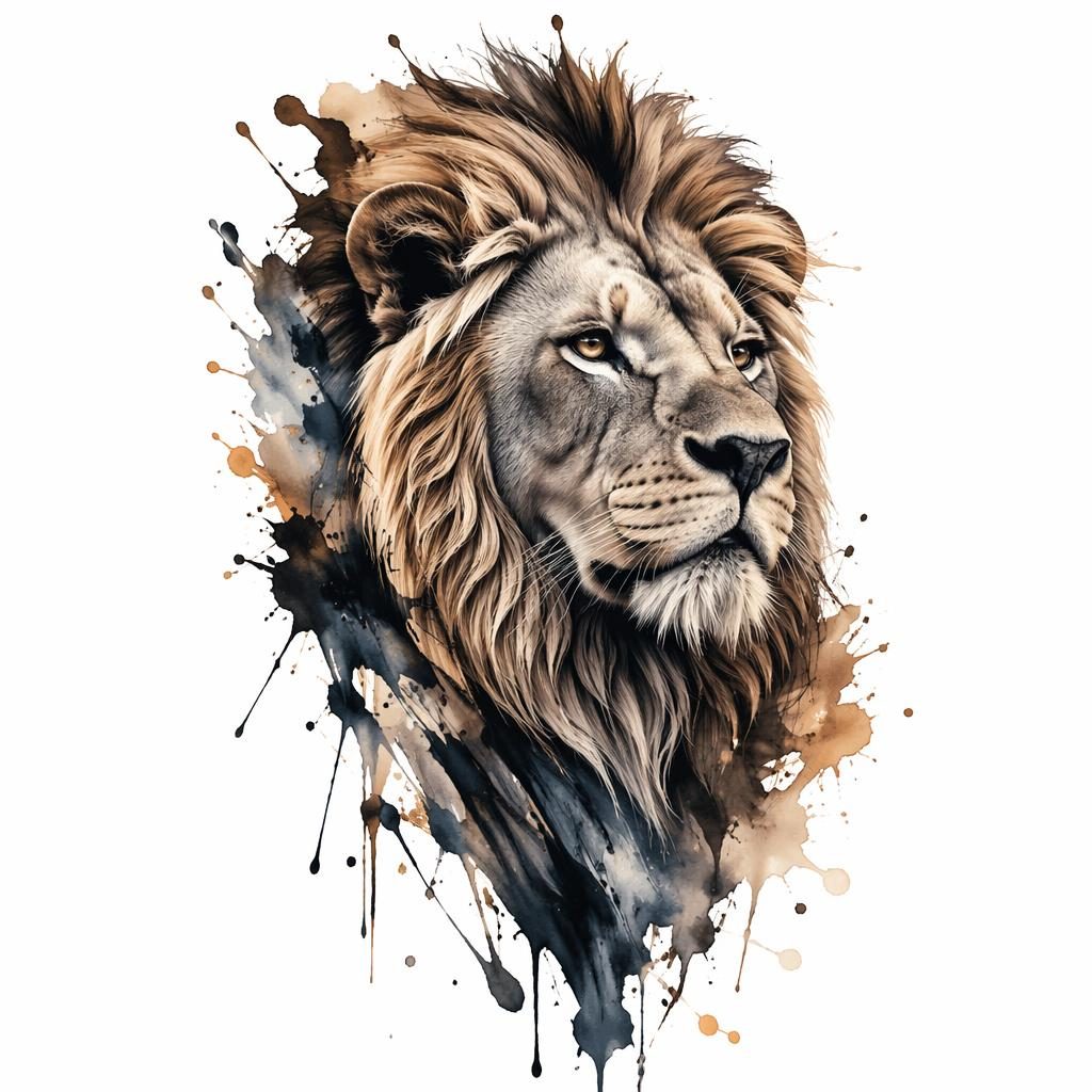 Tattoo flash design on white paper showing a realism lion portrait with watercolor splash effects in sharp black lines.