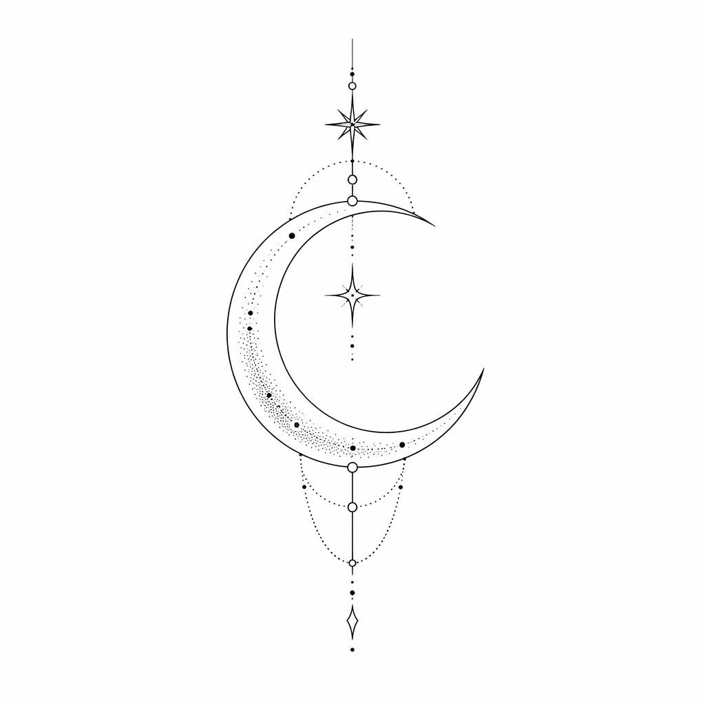 Minimalistische Fineline-Mondsichel als Tattoo-Design auf weißem Papier, geometrisch mit Dotwork und scharfen Linien.