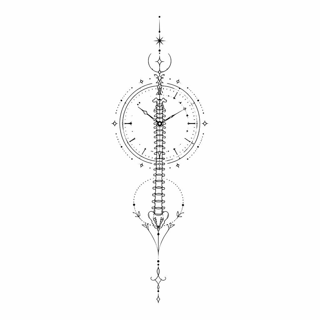 Black fineline ornamental spine tattoo design on white paper, small flash-style illustration with sharp blackwork lines.