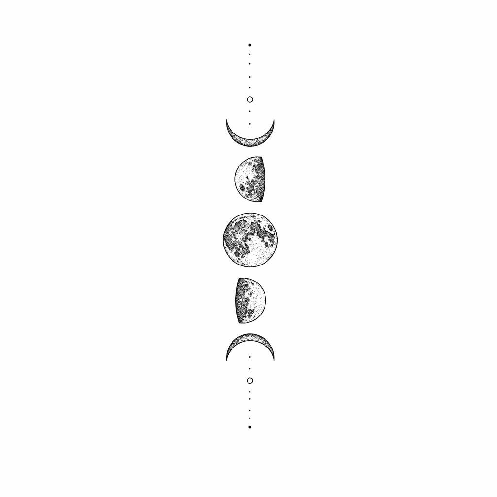 Minimalist fineline tattoo flash of dotwork moon phases on white paper, small ankle-size design with sharp black lines.