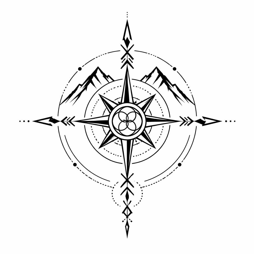 Tribal sacred geometry compass tattoo flash drawn on white paper with sharp black lines and high contrast.
