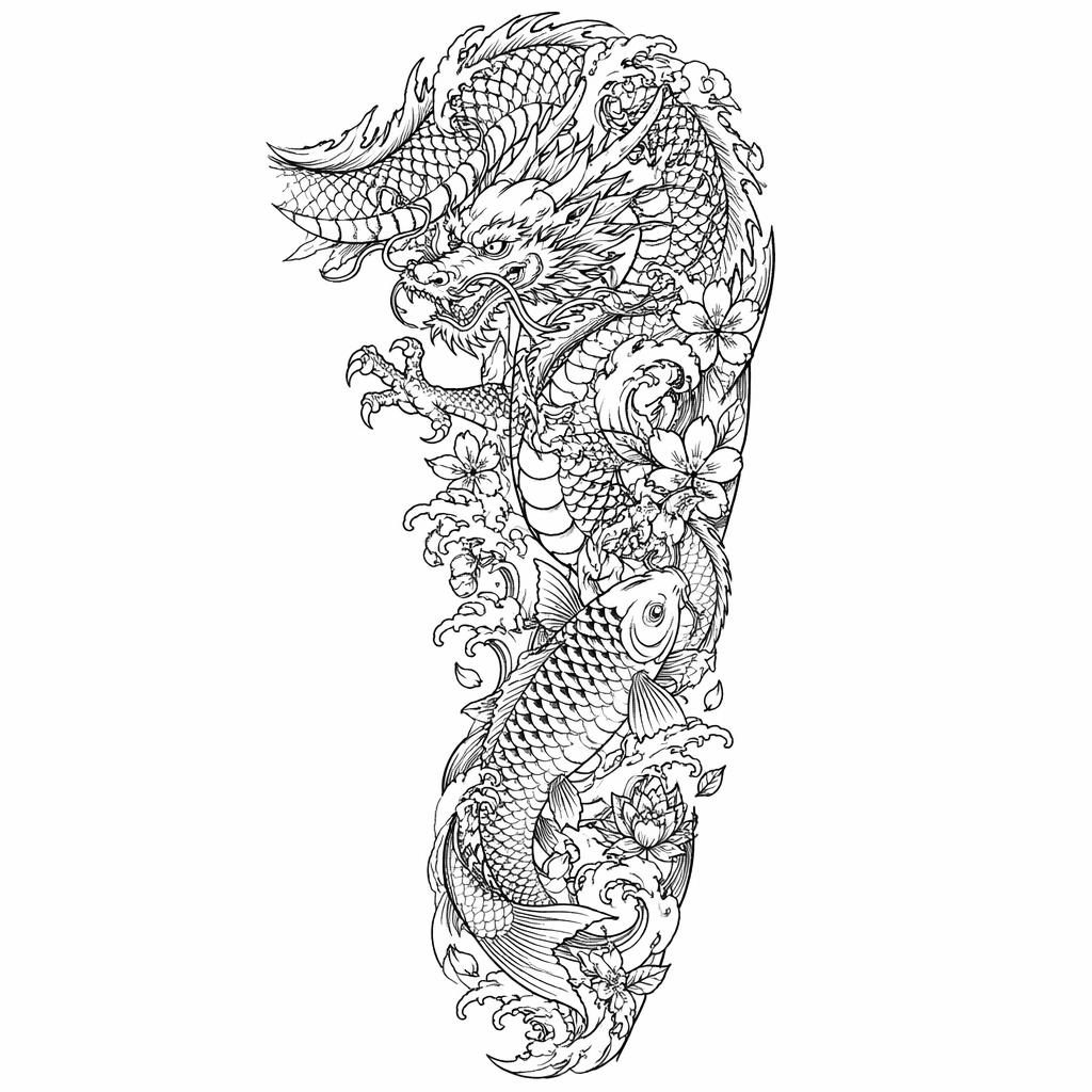Diseño de tatuaje en papel blanco con koi y dragón japonés en estilo sketch de líneas nítidas, alto contraste.