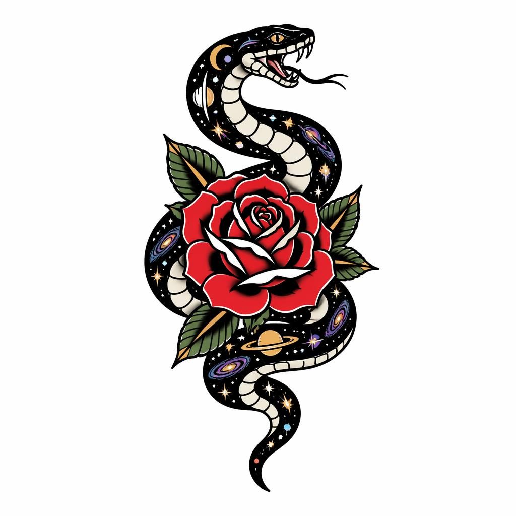 Diseño de tatuaje en papel blanco con serpiente y rosa tradicional, líneas negras nítidas y estilo flash limpio