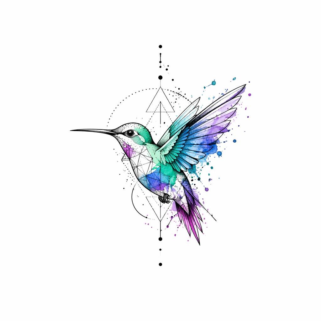 Tattoo-Design auf weißem Papier: kleiner Aquarell-Kolibri mit geometrischen Formen und Dotwork, klare Linien.