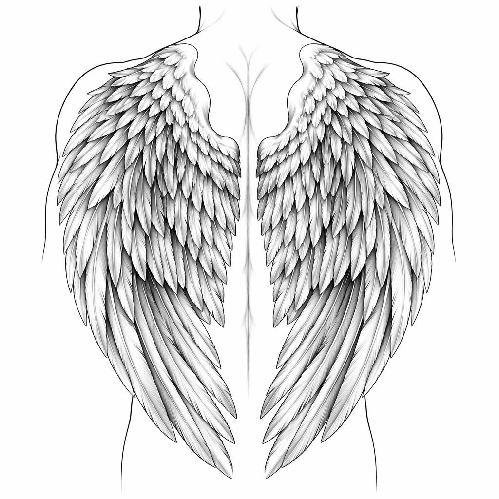 Tattoo-Design auf weißem Papier mit realistischen Engelflügeln als klare Flash-Sheet-Illustration in Schwarz