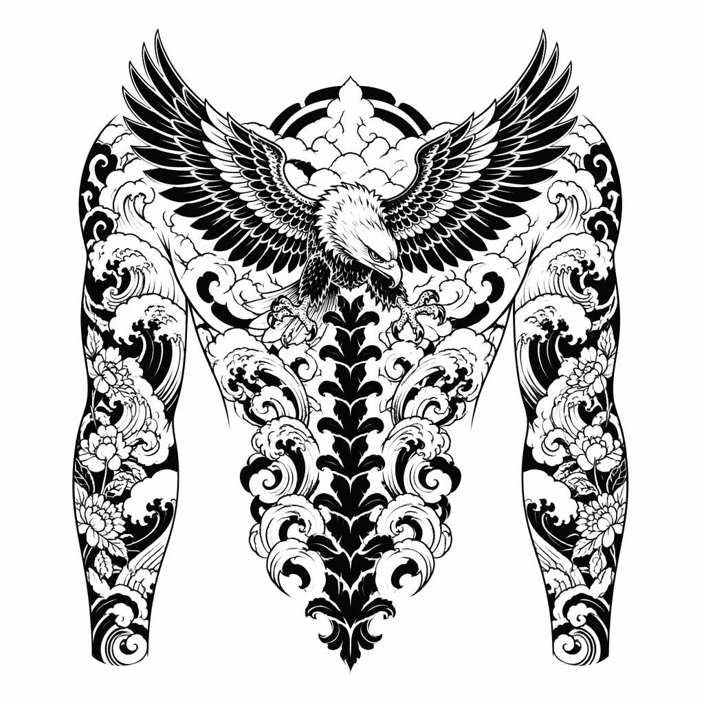 Blackwork ornamental spine tattoo flash on white paper in Japanese irezumi style, clean sharp lines, sleeve panel layout.