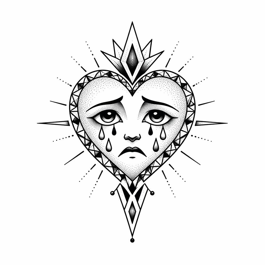 Tattoo-Design eines traditionellen crying heart auf weißem Papier, geometrisch im Dotwork-Stil, klare Linien