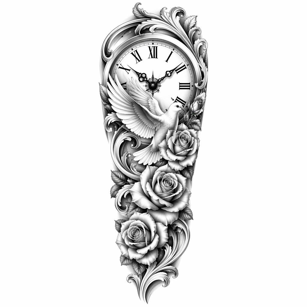 High-contrast tattoo flash concept of a Roman numerals wrist date on white paper, clean sharp lines on plain white background.
