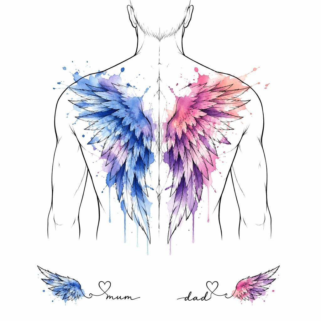 Tattoo design concept of small angel wings on white paper in watercolor splash style, clean flash-sheet illustration.