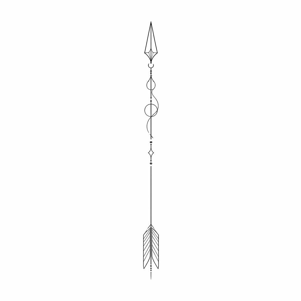 Minimalistischer Fineline-Pfeil als Tattoo-Design auf weißem Papier, klare schwarze Linien, Flash-Sheet-Stil.