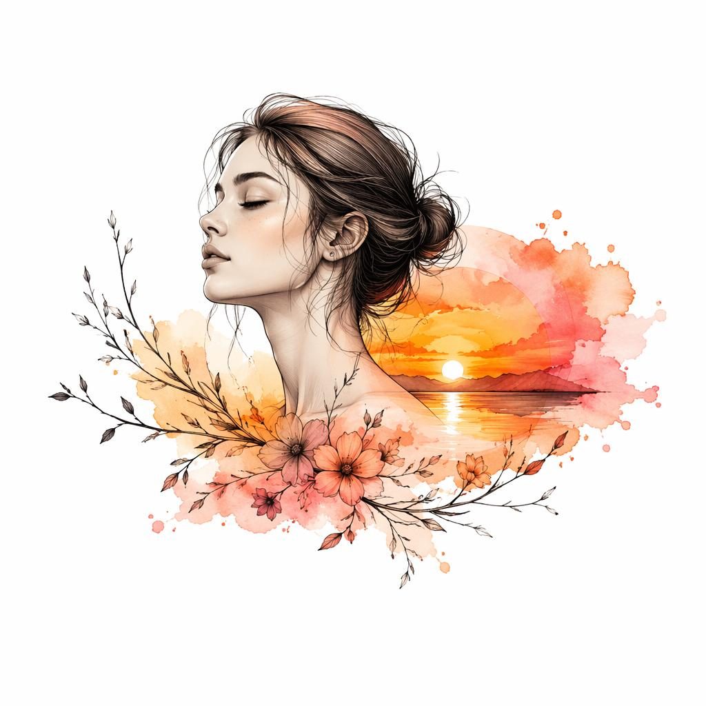 Realism portrait tattoo concept on white paper with a watercolor sunset palette, sharp fine lines, and flash-sheet styling.
