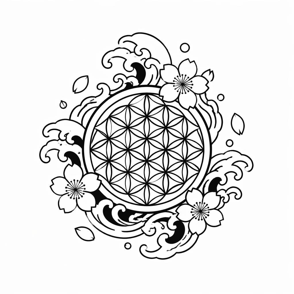 Tattoo-Design auf weißem Papier: Flower of Life in japanischem Irezumi-Stil, klein, kontrastreich, mit scharfen Linien.