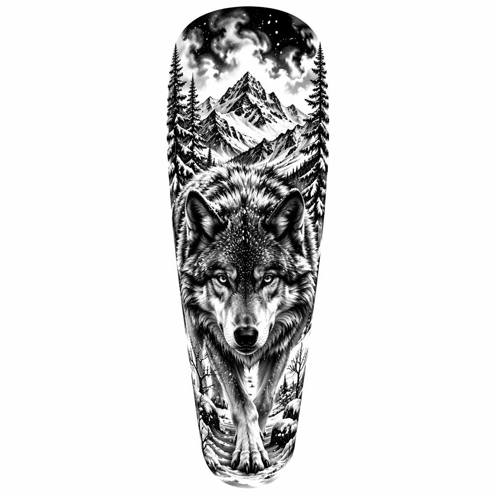Tattoo-Design auf weißem Papier: realistischer Wolf im Schnee, blackwork, kräftige Konturen, hoher Kontrast.