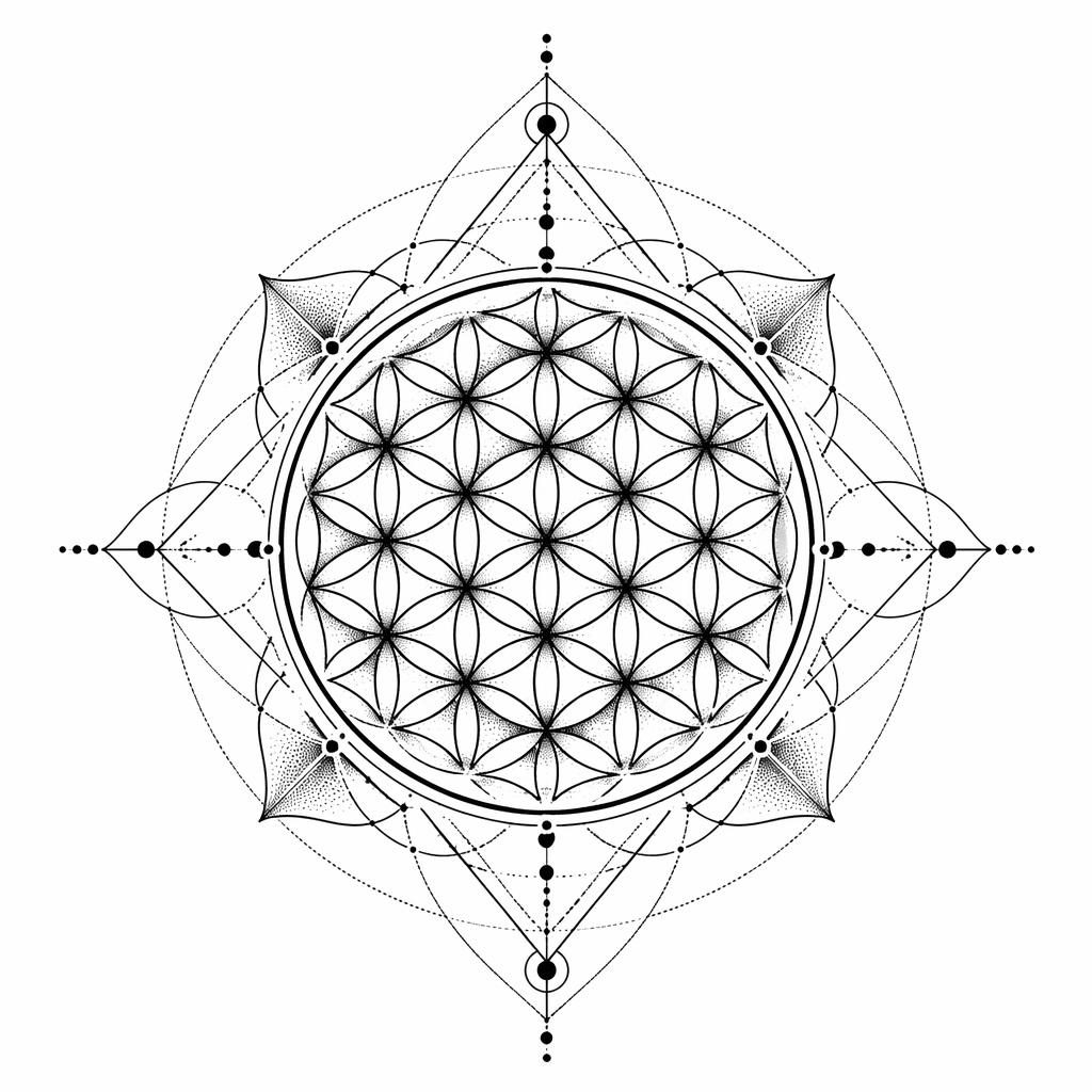 Geometrisches Flower-of-Life-Tattoo als Dotwork-Entwurf auf weißem Papier, klare Linien, Flashsheet-Stil.