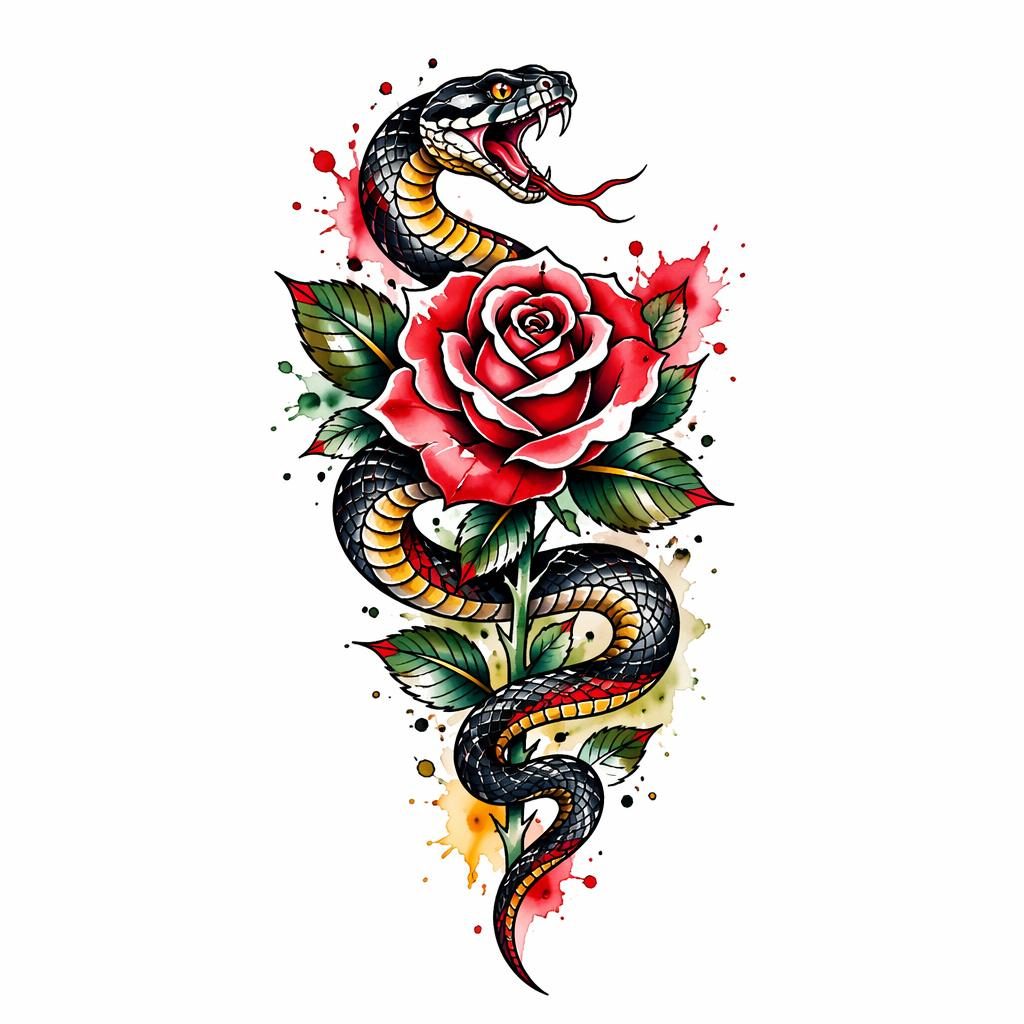 Diseño de tatuaje en papel blanco con serpiente y rosa tradicionales, salpicaduras de acuarela y líneas nítidas