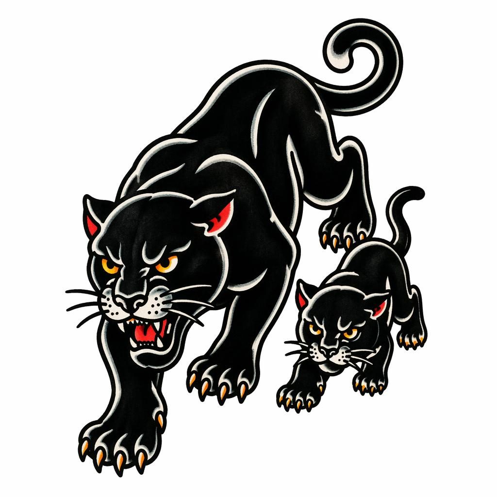 Traditional American panther crawl tattoo design on white paper, clean flash-style lines, high contrast, plain background.