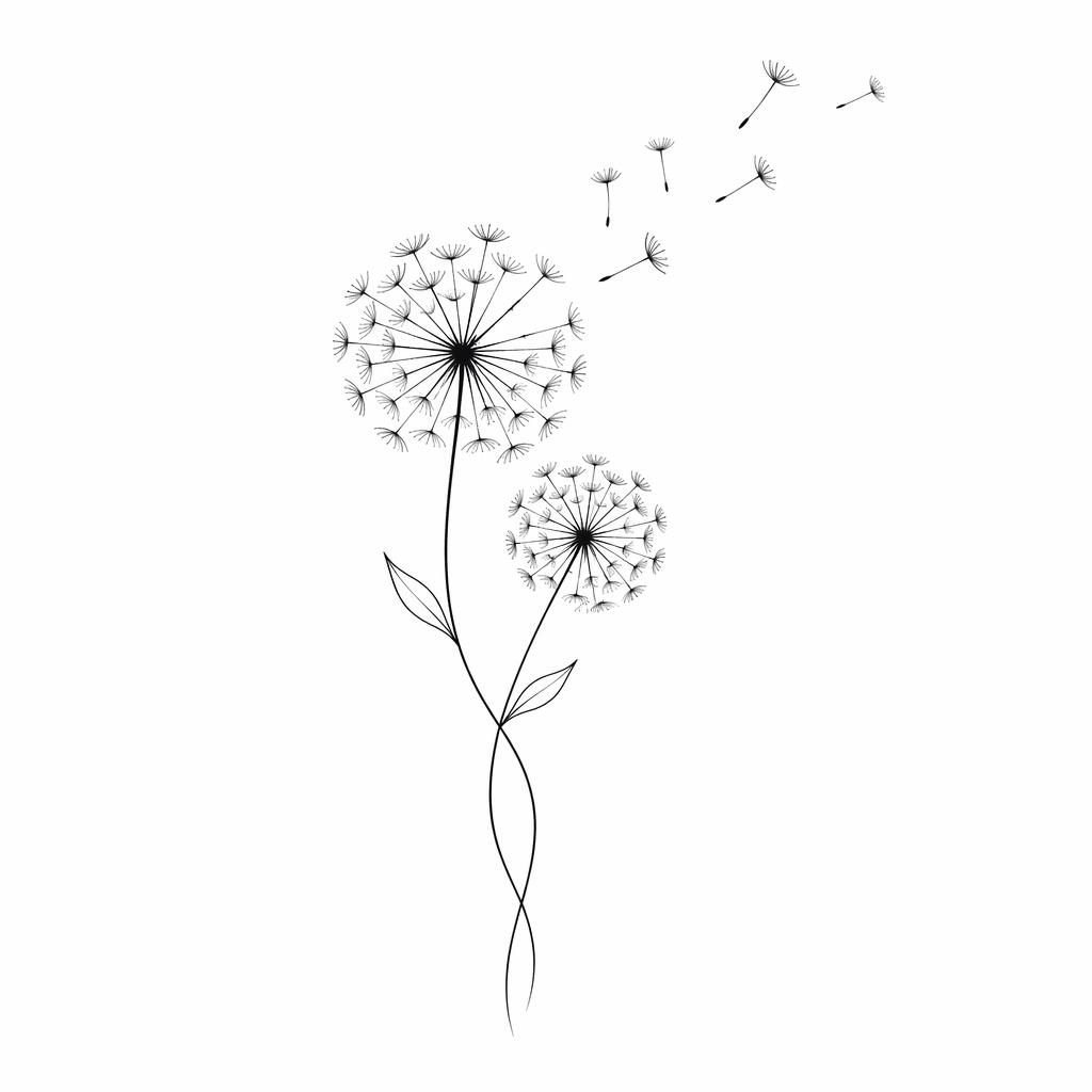 Diseño de tatuaje fineline minimalista de diente de león sobre papel blanco, líneas nítidas y alto contraste.