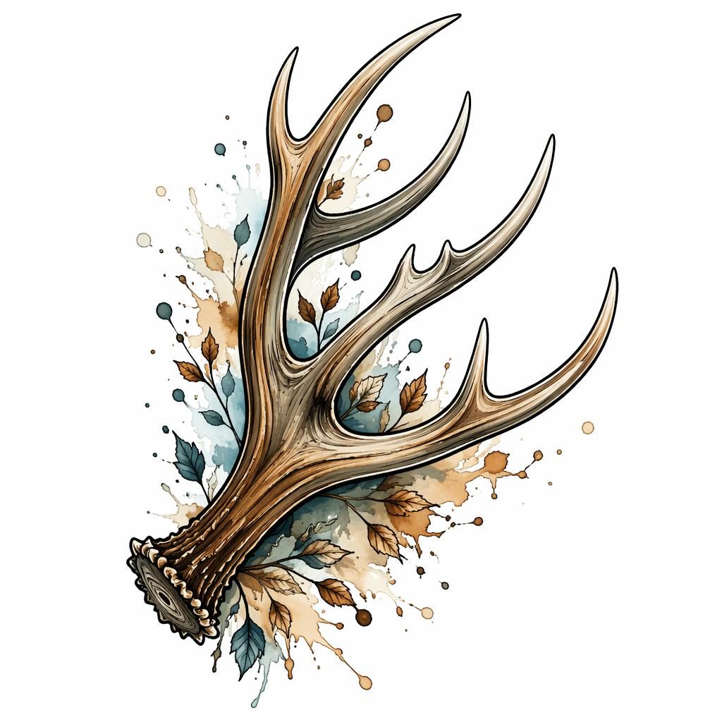 Realism deer antlers tattoo design on white paper with watercolor splash accents, sharp lines, and clean flash-sheet style.