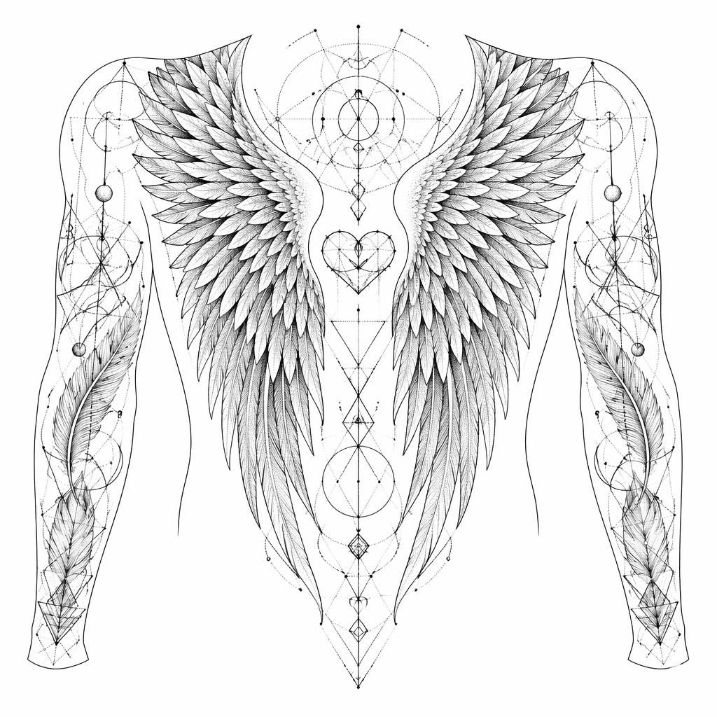 Geometrisches Engelflügel-Tattoo als Flash-Design auf weißem Papier, kontrastreich mit feinen Dotwork-Linien.