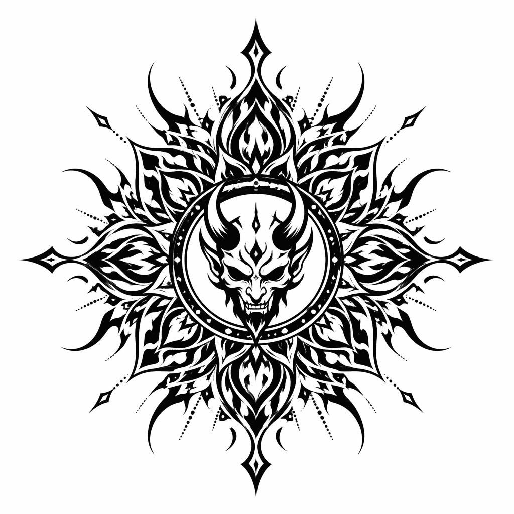 Blackwork-Mandala als Tattoo-Design auf weißem Papier, kontraststark mit scharfen Linien im Flash-Sheet-Stil.