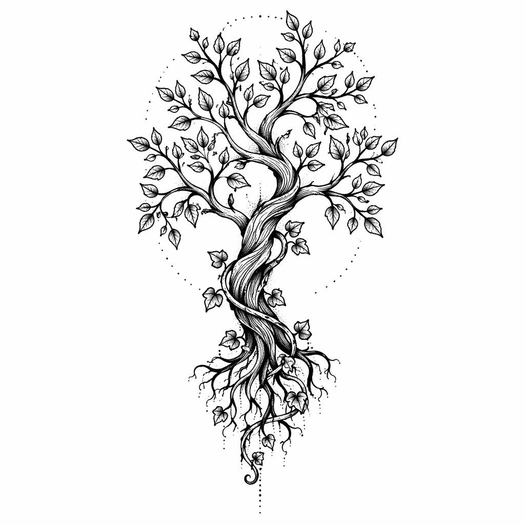 Diseño de tatuaje en papel blanco con árbol blackwork dotwork de estilo neotradicional, líneas negras nítidas y alto contraste.