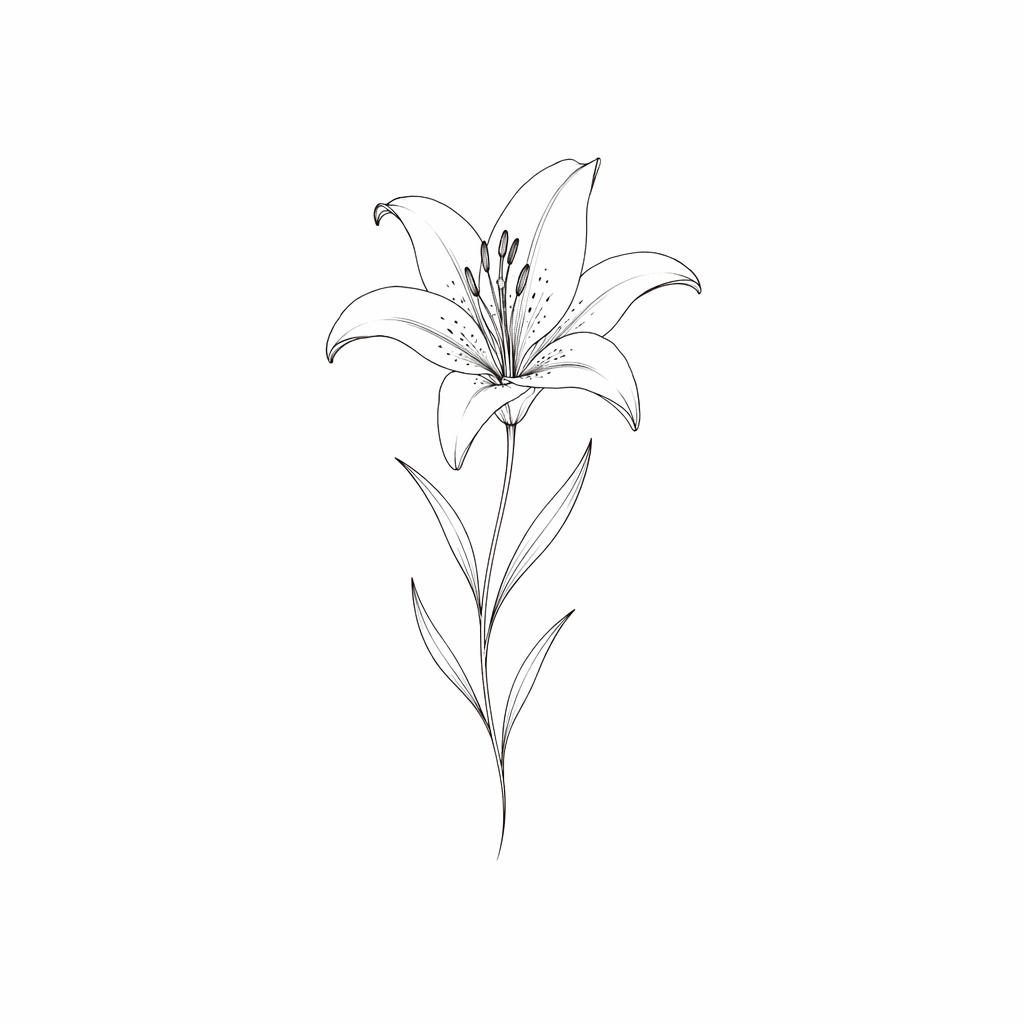 Minimalist fineline lily tattoo design on white paper, clean flash-sheet style with sharp high-contrast lines.