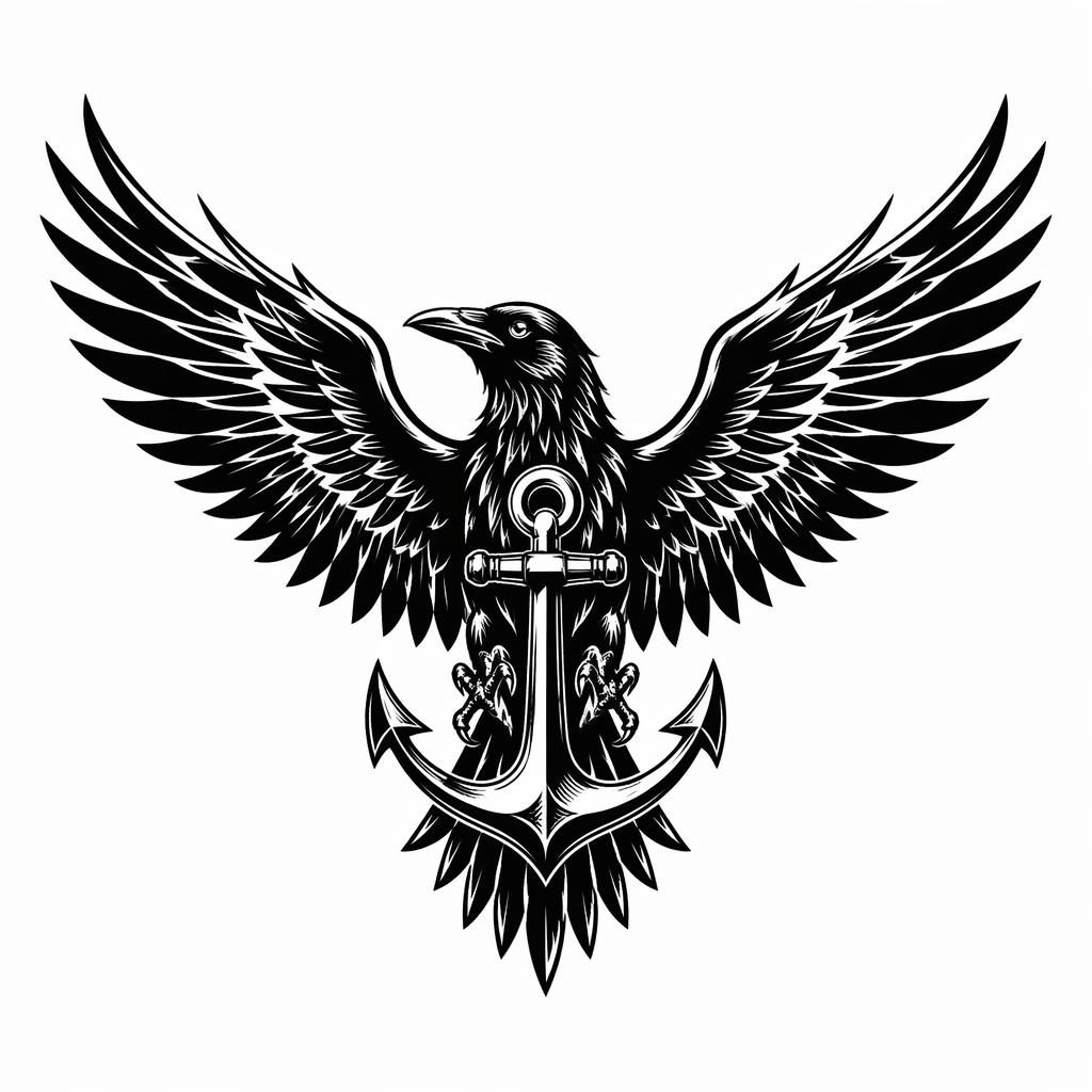 Blackwork-Tattooentwurf auf weißem Papier: Rabe mit ausgebreiteten Flügeln, klare scharfe Linien, Flash-Sheet-Stil