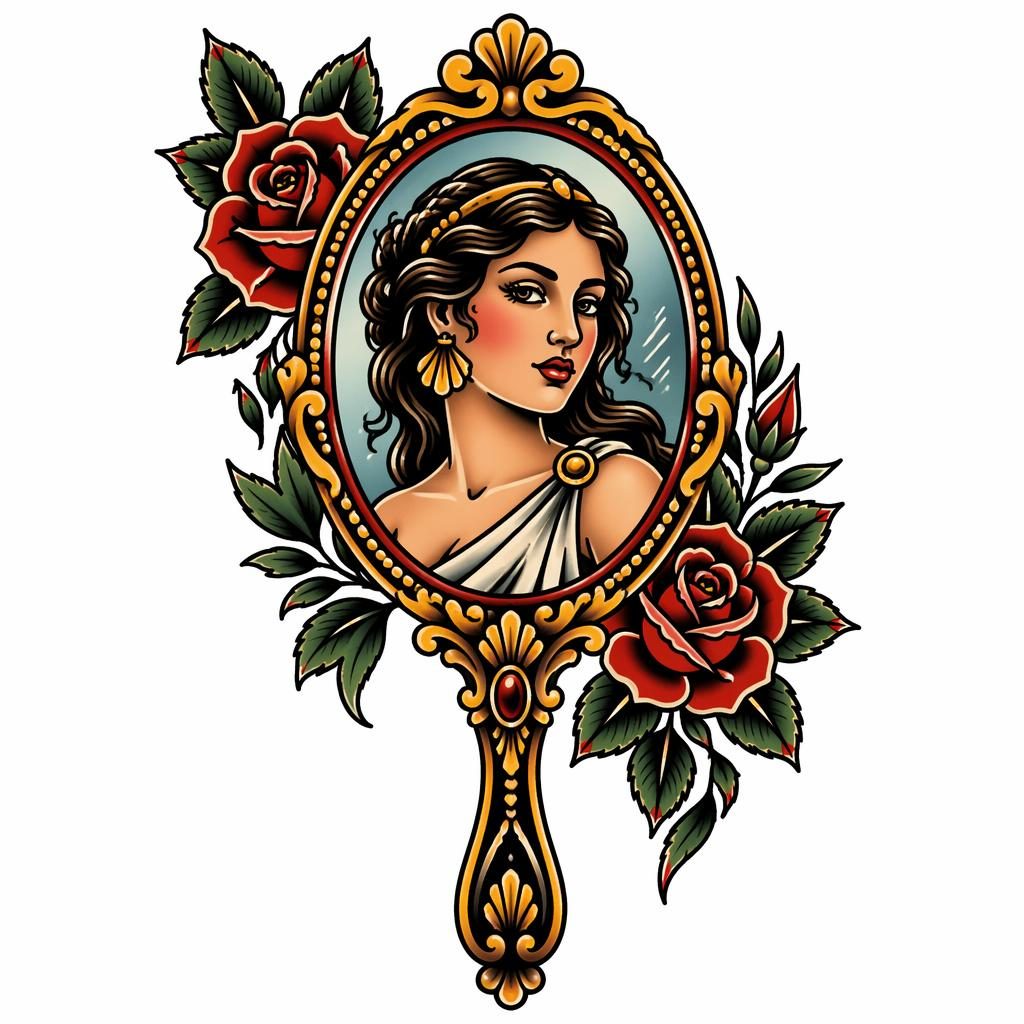 Diseño de tatuaje de espejo de Venus neo tradicional en papel blanco, líneas firmes, alto contraste y estilo flash