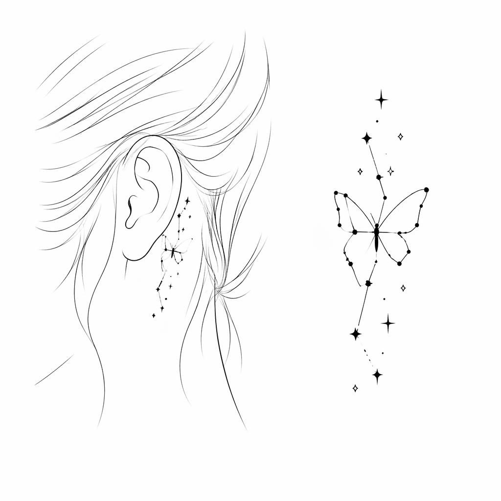 Minimalistische Fineline-Tattoo-Vorlage auf weißem Papier: kleine Sternbild-Illustration für hinter dem Ohr.