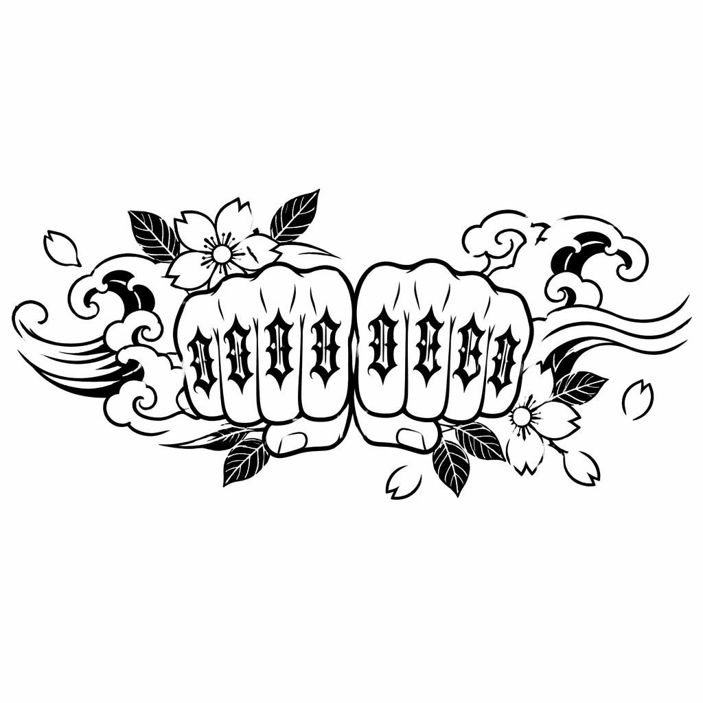 Diseño de tatuaje en papel blanco con letras góticas tipo knuckles, líneas nítidas y estilo irezumi japonés.