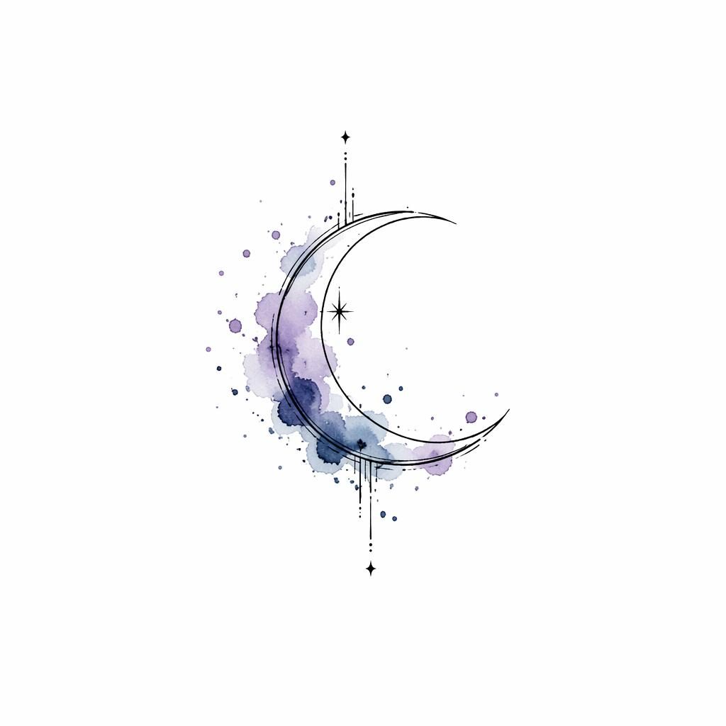 Minimalistischer fineline Halbmond als Tattoo-Design auf weißem Papier mit Aquarellspritzern, klare Linien, Flash-Sheet-Stil.