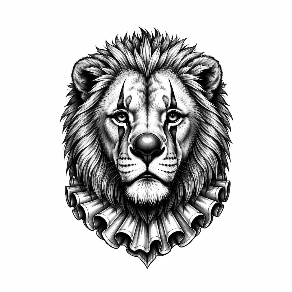 Blackwork tattoo flash design on white paper featuring a high-contrast realism lion portrait with sharp clean lines.